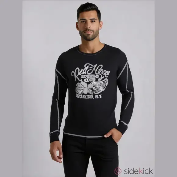 True Religion Men's 2XL Black Thermal Long Sleeve Graphic T-Shirt Boxing Theme - Picture 1 of 4